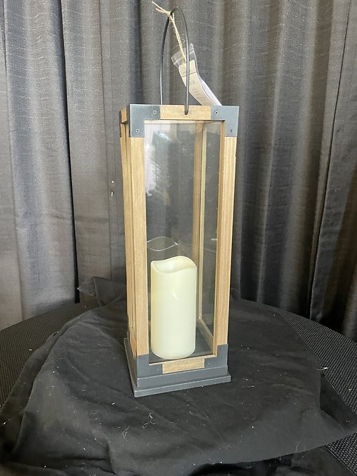 Wood and Metal Lantern with Battery Powered Candle