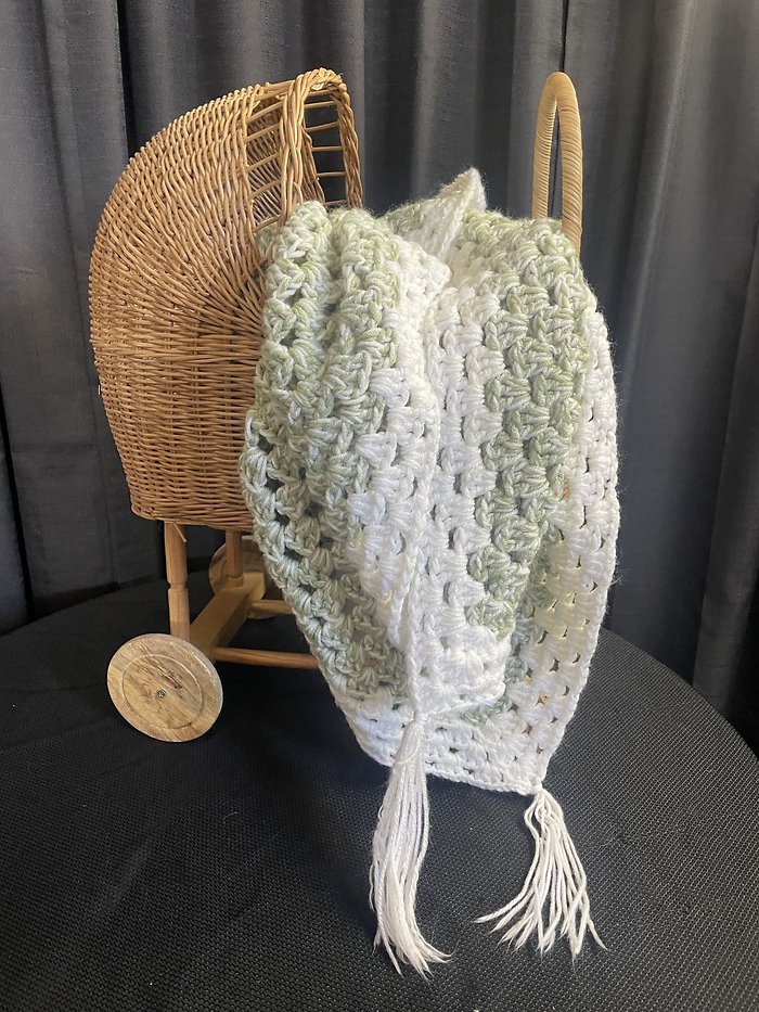Green and White Tasseled Blanket